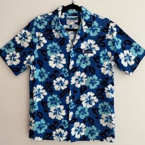 VINTAGE Excellent Of Hawaii Hawaiian Shirt Blue Floral Tiki 100% Cotton Made USA